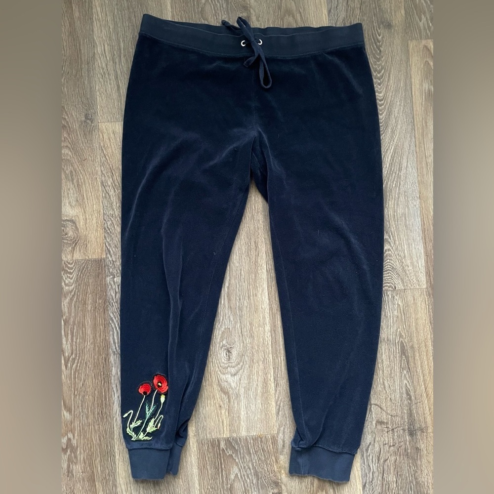 Juicy Couture Black Label Velour Joggers XL Navy Floral Embroidered Sweatpants